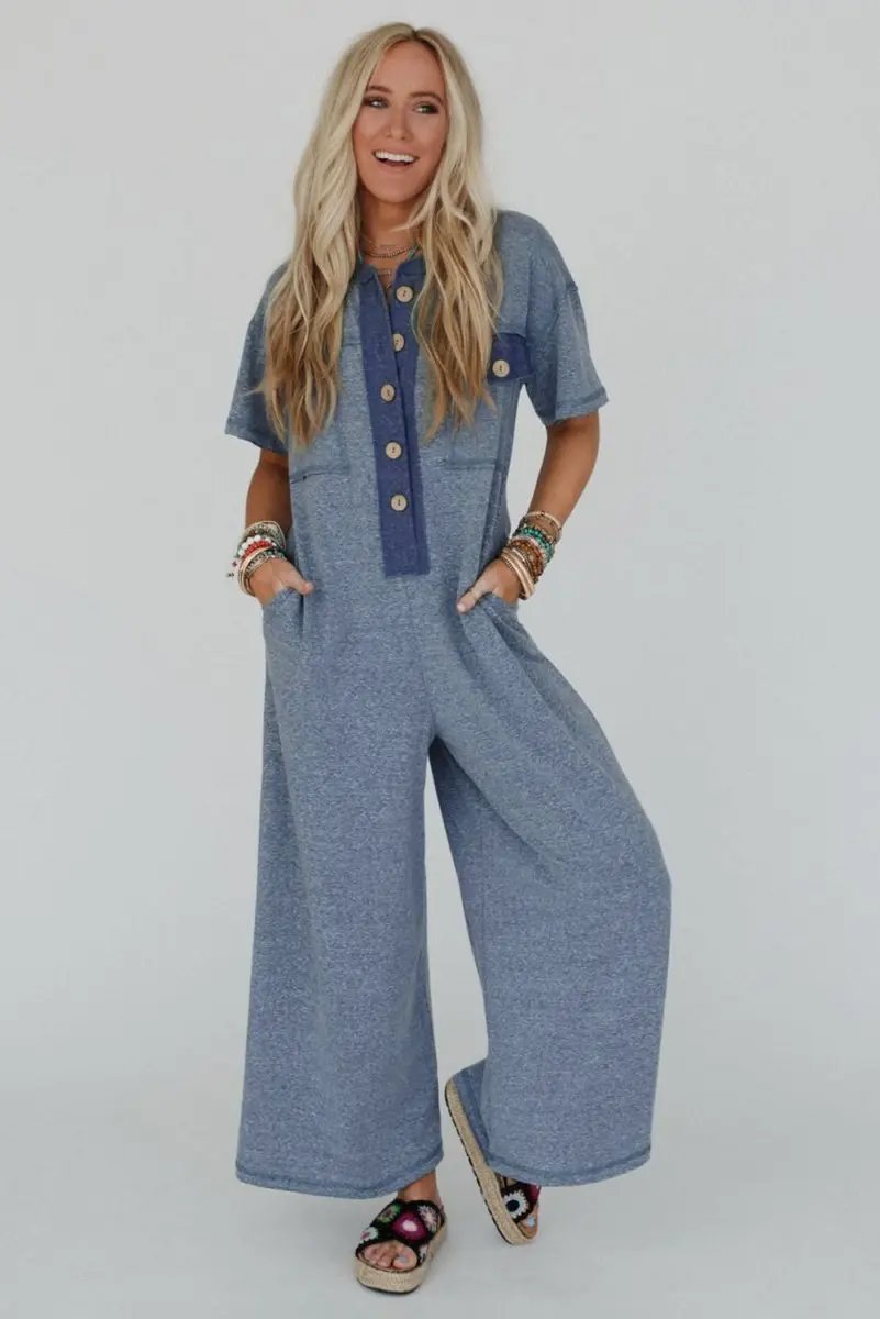 Beau Blue Half Placket Chest Pockets Short Sleeve Jumpsuit - Love Salve